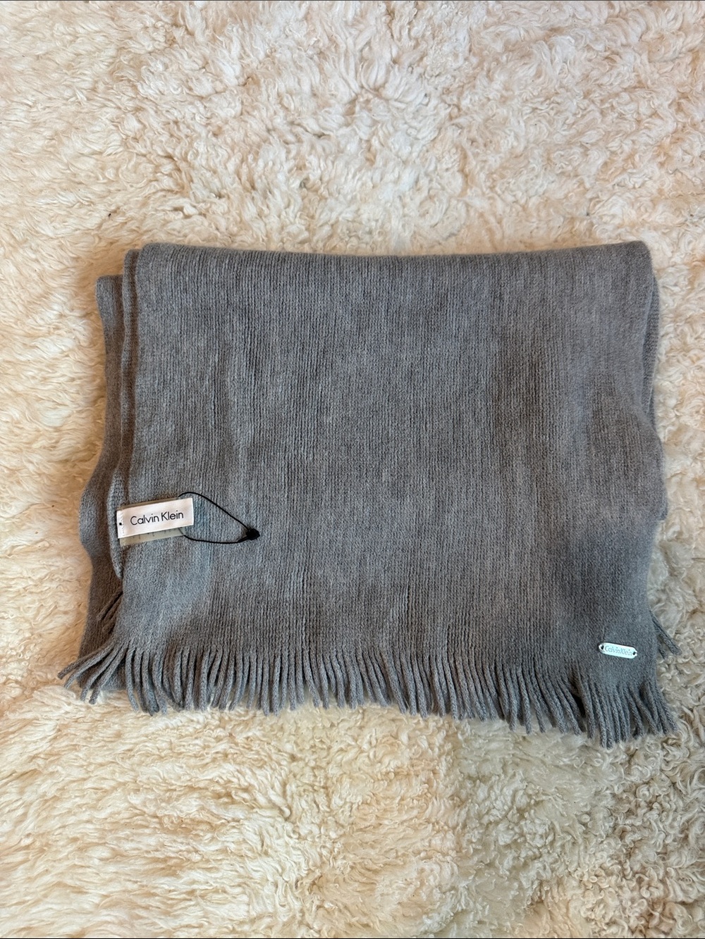 NEW - Calvin Klein Unisex Light Gray Fringed Scarf